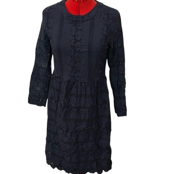 Roolee Navy Blue Long Sleeve Cotton Eyelet Fit Flare Modest Dress Size Medium - Picture 1 of 8